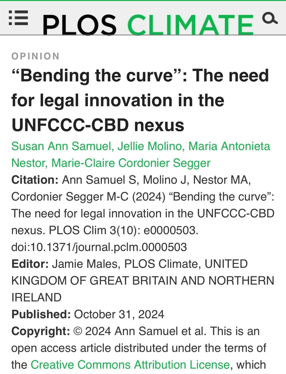 NEW OPINION PIECE: "Bending the Curve" The need for legal innovation in the UNFCCC-CBD Nexus